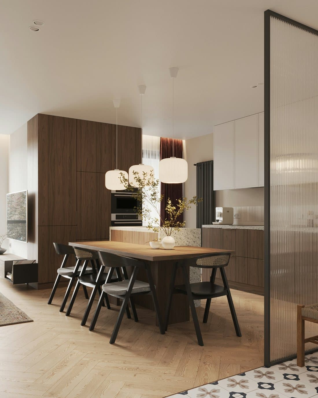 A warm kitchen and dining area, open to the rest of the house
